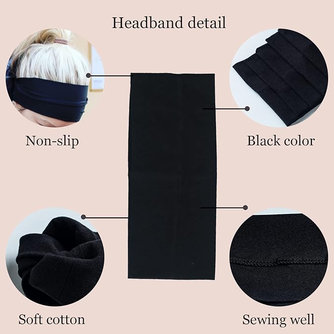 Headbands for Women 3 Pcs Black Wide Cotton Non-slip Stretchy Elastic Head Wrap Holder Hair Accessories