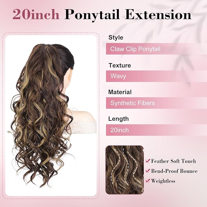 QGZ 20" Wavy Ponytail Extension, Claw Clip Ponytail Hair Extension, Natural Synthetic Hairpiece for Women Daily Use(Dark Brown with Highlights)