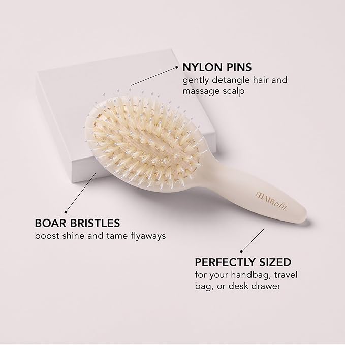 The Hair Edit Mini Finish & Shine Boar Bristle Brush, Travel Size Detangling Hairbrush for Smooth, Shiny Hair, Tames Flyaways, Boosts Shine & Distributes Natural Oils, Ideal for Dry Hair