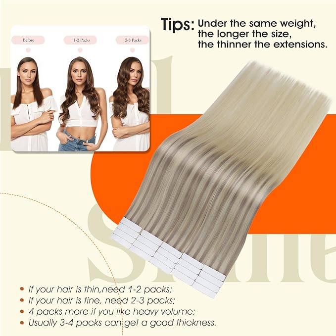 Full Shine Blonde Tape in Hair Extensions Color 18/22/60 Tape ins Extensions Human Hair 22 Inch Long Hair Extensions Real Human Hair Tape ins Seamless Human Hair Double Sided Tapes 50Gram 20Pcs
