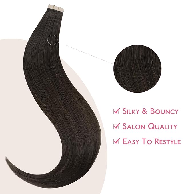 WENNALIFE Tape in Hair Extensions - Human Hair, Dark Brown, 10pcs 25g, 18 inch Remy Invisible Tape Ins, Straight, Colored, Soft, Real Human Hair Refill Set
