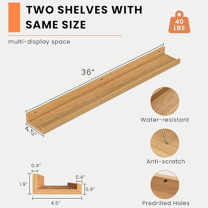 Heimlove Picture Ledge Shelf, Floating Shelves Set of 2, 36 Inches Picture Shelf for Wall with Ledge, Kids Bookshelf Wall Mounted for Living Room Bedroom Decor Books Photo Frames - Natural Oak