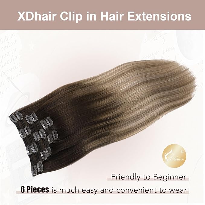 XDhair Clip in Hair Extensions Human Hair 100g 16inch 6pcs Blayage Dark Brown to Dirty Blonde Remy Real Human Hair Clip in Hair Extensions 16inch #2/6/18