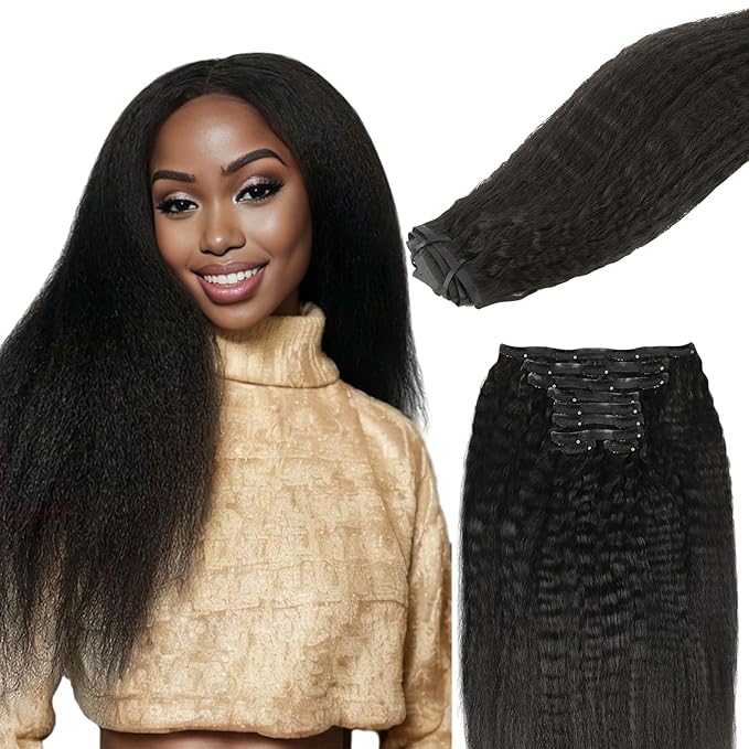 Lashey Clip in Hair Extensions Kinky Straight Seamless Hair Extensions Clip in for Women 9pcs 130g Natural Black Real Human Hair with Ultra PU weft 16 Inch