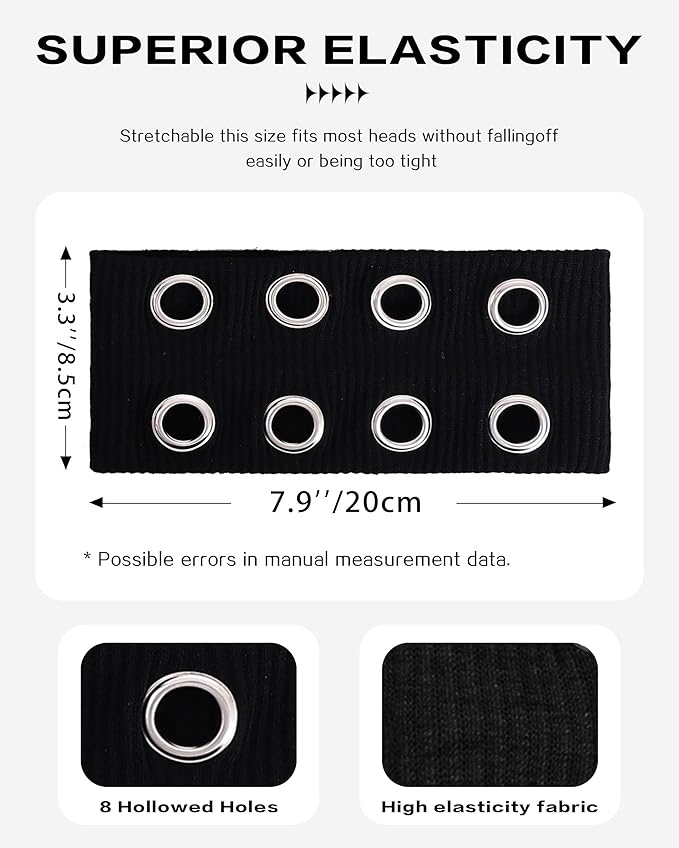Grommet Headband for Women, Wide Black 20cm Hollow Out Elastic Hair Band, Eyelets Punk Grunge Stylish Hairband