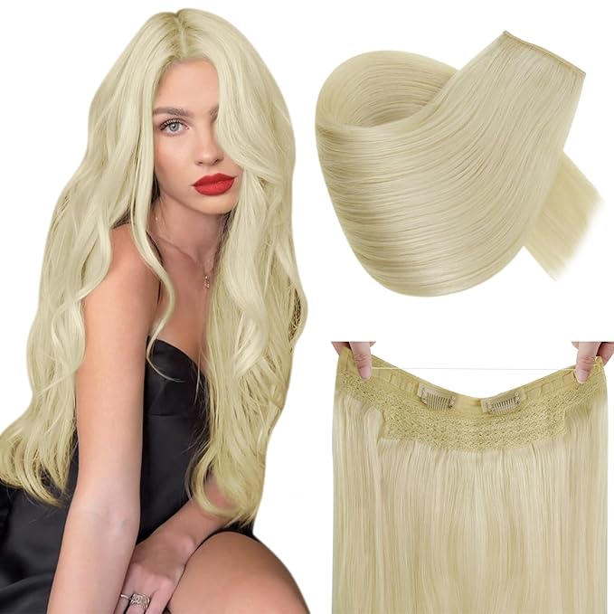 RUNATURE Wire Hair Extensions, Real Human Hair Wire Extensions Blonde, Invisible Fish Line Hair Extensions, Remy Natural Hair for Women, Add Volume, 12 Inch 70g #24 Bleach Blonde