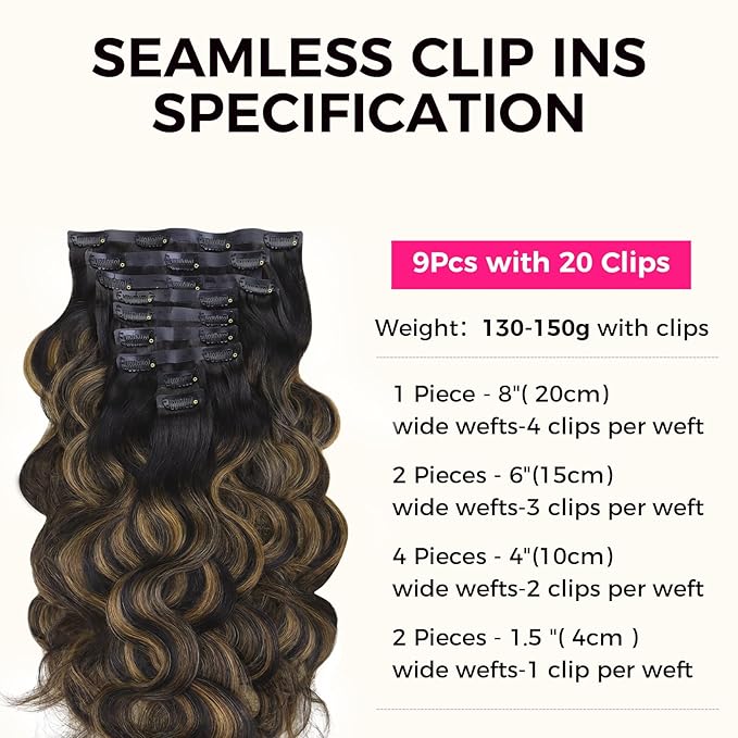 Lashey Seamless Clip in Hair Extensions Human Hair 150g 9pcs 22 Inch Body Wave Natural Black Mixed Chestnut Brown Clip in Hair Extensions for Women