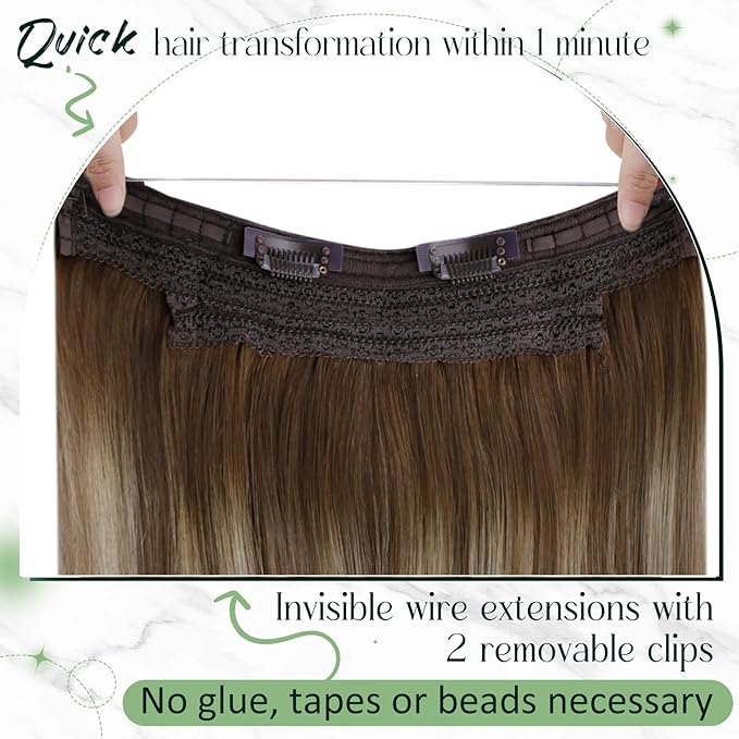 RUNATURE Brown Balayage Wire Hair Extensions Real Human Hair, Invisible Wire Hair Extensions Short, Remy Straight Soft Hair，Natural Blending, 12 Inch 70g #3/8/22 Walnut Brown Ombre Light Blonde