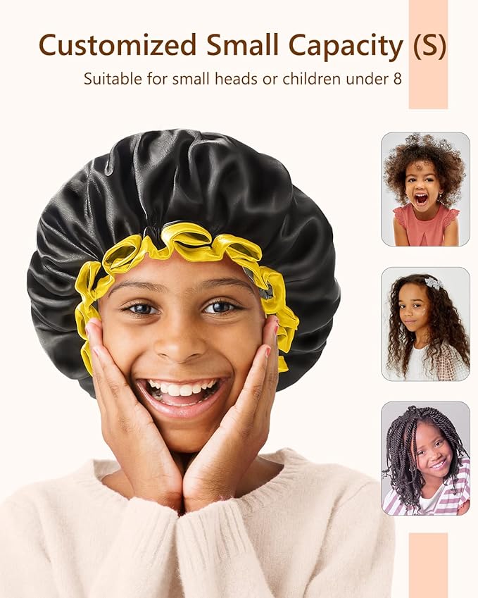 mikimini Black Small Shower Cap for Child 1 Pack, Double Layers Waterproof Bathing Hair Cap with Reusable Soft Comfortable PEVA Lining, Cute, non-fading & Stretchy Shower Hat