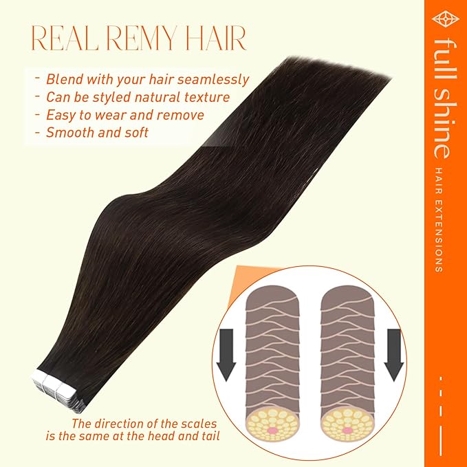 Full Shine Brown Tape in Hair Extensions Human Hair Color 2 Darkest Brown 10 Inch Human Hair Tape ins Double Sided Tape in Extensions Skin Weft Tape Extensions 30 Grams 20 Pcs for Women