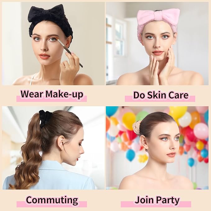 LEOBRO Spa Headband for Skin Care and Makeup, Women Teen Girls Hair Band Headbands for Washing Face, With Hair Scrunchies, Christmas Gifts for Teens (Pink & Creamy White & Black)