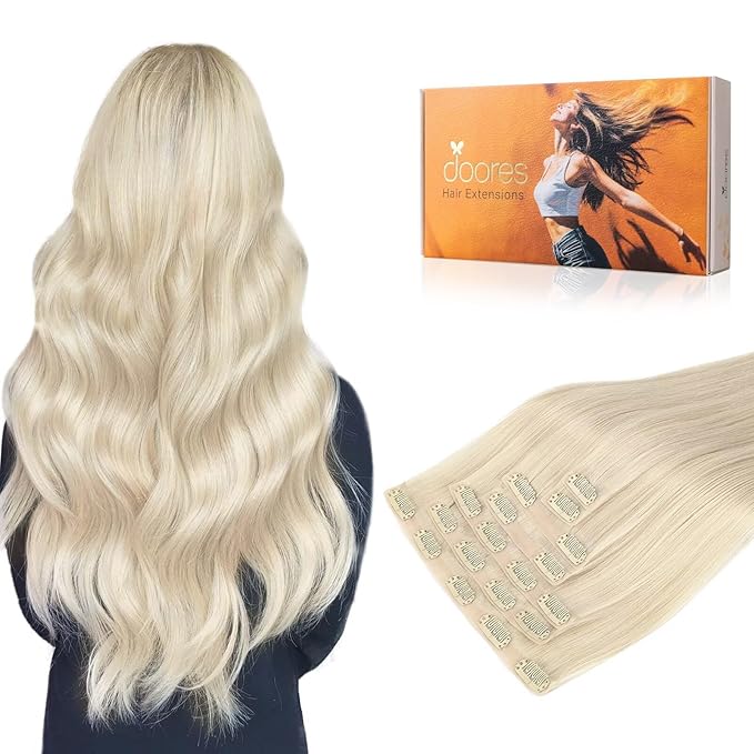 DOORES Seamless Clip-In Hair Extensions, Real Human Hair, Platinum Blonde, 18 Inch, 7pcs, 110g, Straight, Invisi Edge