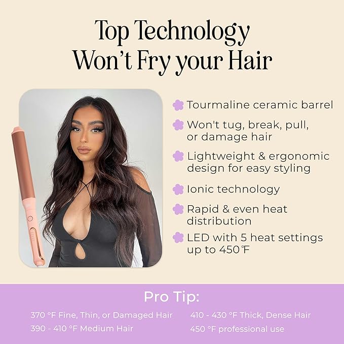 INH Oval Curling Wand for Long Hair - 8" Extra Long Barrel Curling Iron for Loose Curls & Hollywood Waves, XL Oval Wand Deluxe, No Clamp Curling Iron 1 1/2 Inch for Blowout Volume, Dual Voltage Curler