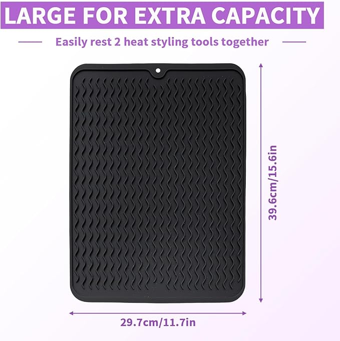 Oversize Silicone Heat Resistant Mat, Heat Mat with Velcro for Curling Iron, Travel Cover Cushion for Curling Irons, Hair Bands and Styling Tools(15.7" X 11.8") (Black)