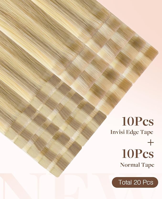 GOO GOO Invisi Edge Tape in Hair Extensions Human Hair, 16/22 Light Blonde Highlighted Golden Blonde 10pcs injected with 10pcs classical tape ins, 22inch 50g, Virgin Remy Hair, Natural Look