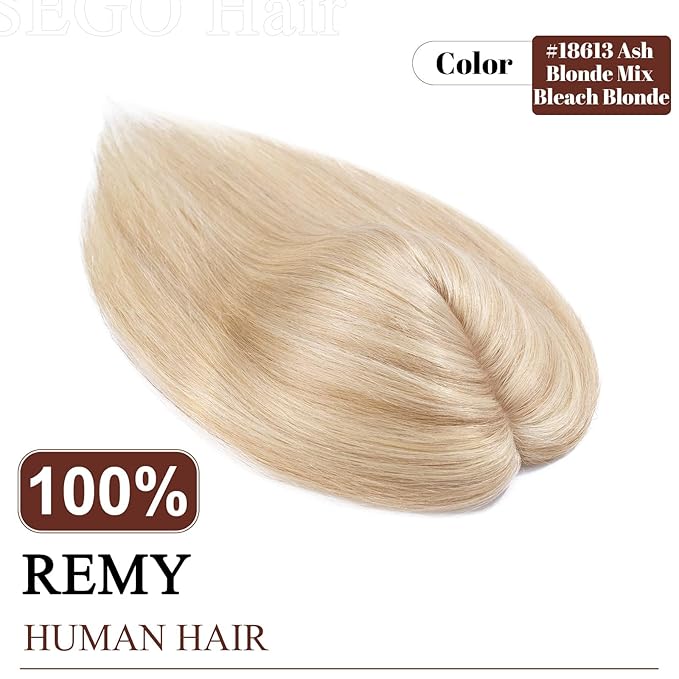 SEGO Real Human Hair Topper for Women without Bangs, Hair Topper with Anti-Slip Clips (18 Inches Ash Blonde Mix Bleach Blonde)