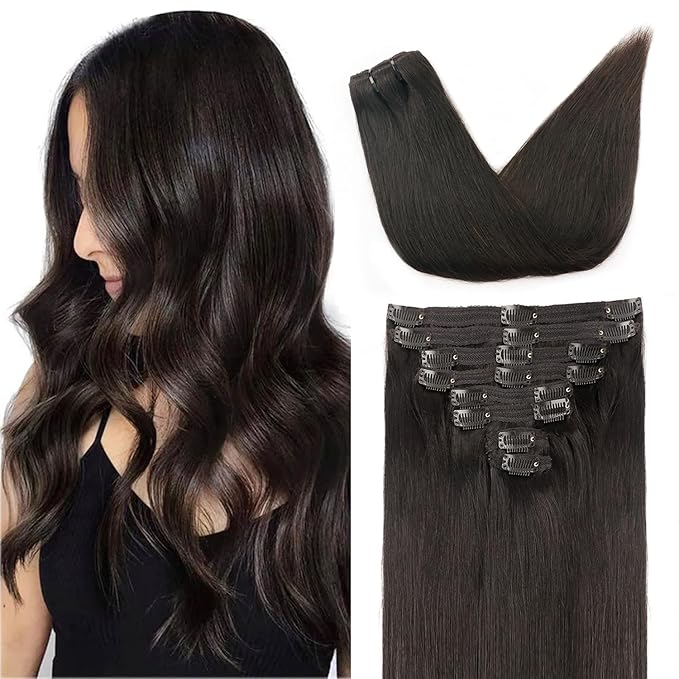 Straight Clip In Hair Extensions Real Human Hair 8Pcs Clip In Dark Brown Human Hair Extensions with 18Clips Lace Weft 120g 22inch