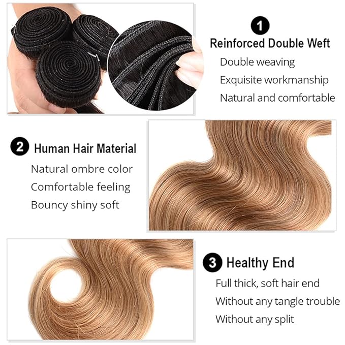 1b27 Human Hair Bundles Ombre Blonde Body Wave Bundle Niegmeag Virgin Remy Hair 3 Bundles 24 26 28 Inch Double Weft 2 Tone Black and Honey Blonde Bundles Hair Weave
