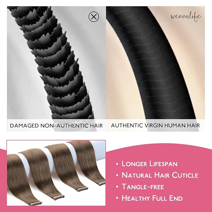 WENNALIFE Tape in Hair Extensions Human Hair Light Ash Brown 10pcs 30g 26 inch Remy Invisible Tape Ins Straight Colored Soft Real Human Hair Tape in Extensions Refill Set