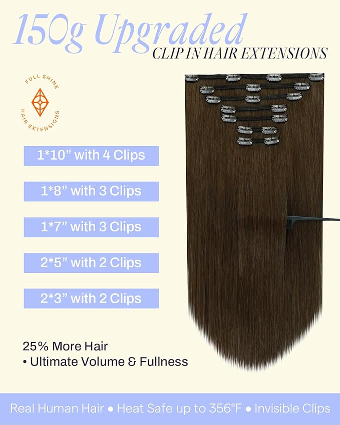 Full Shine Human Hair Extensions Clip ins Medium Brown 150 G Thick Clip in Extensions Chestnut Brown Human Hair Extensions for Thick Hair 20 Inch 7 Pcs
