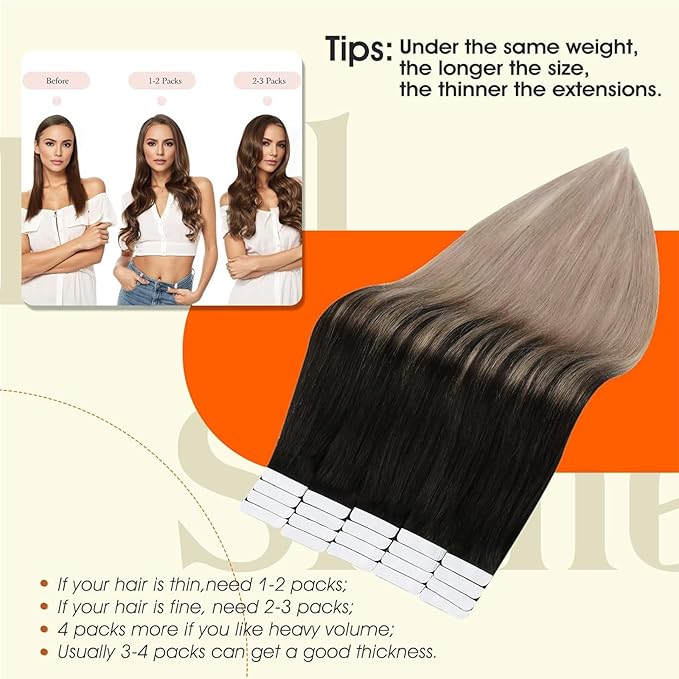 Full Shine Blonde Tape in Hair Extensions Balayage Seamless Tape in Human Hair Extensions 20Inch Color 1B/18 Black To Blonde Remy Natural Hair Extension Remy Hair 50G 20Pcs for Women Soft Add Length