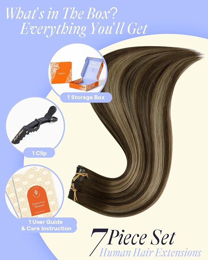 Full Shine Clip in Extensions for Thin Fine Hair 16 Inch Balayage Medium Brown to Caramel Blonde Seamless Clip in Hair Extensions Straight 7 Pcs 135 G