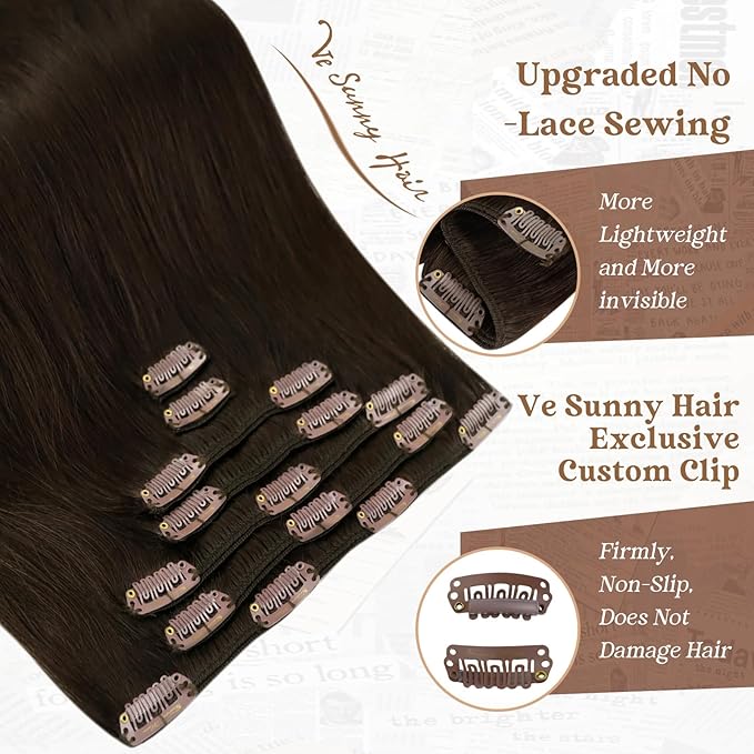 Ve Sunny Clip in Hair Extensions Real Human Hair Brown Hair Extensions Clip ins Human Hair Clip in Extensions Real Hair Extensions Clip in Human Hair 22inch 7pcs 120g