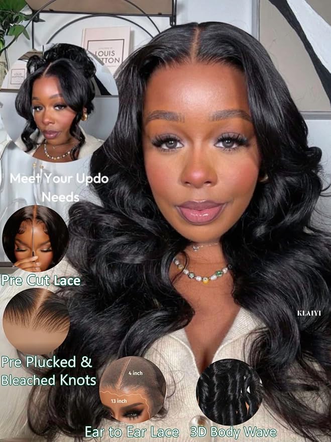 KLAIYI Wear And Go Glueless Wig Bye Bye Knots 13x4Precut Lace Front Wigs Human Hair Loose Body Wave Wig Pre Bleached Pre Everything Pre Plucked with Baby Hair 3S Ready to Wear Beginner Friendly 16Inch