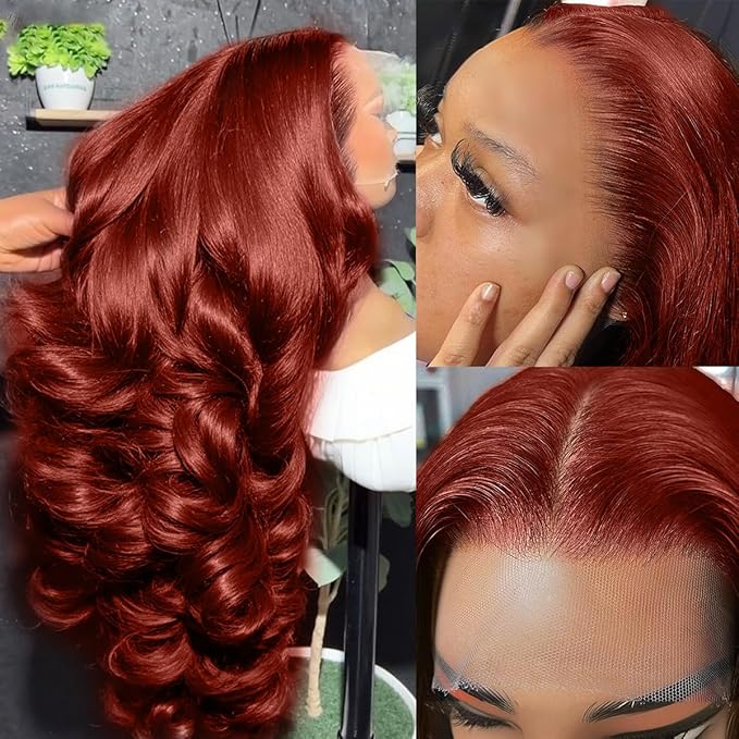 200% Density Reddish Brown Colored Human Hair Lace Front Wigs 13x4 Glueless Wigs Human Hair Pre Plucked Body Wave Glueless Wigs Human Hair Transparent HD Lace Frontal Human Hair Wigs 28Inch