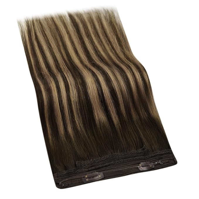YoungSee 120G Wire Hair Extensions Human Hair Balayage Wire Extensions with Adjustable Clips Dark Brown Fading to Caramel Blonde Balayage Fish Line Human Hair Extensions 18Inch