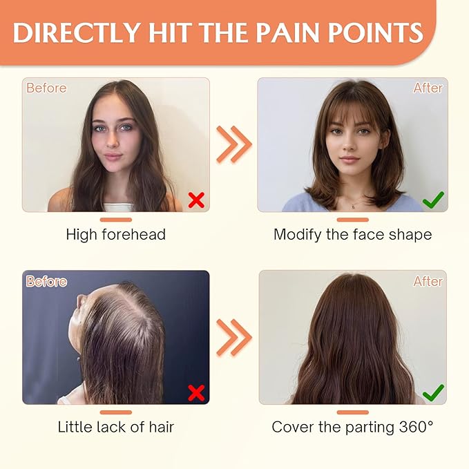 Benehair Clip in Bangs 100% Real Human Hair Extensions 360° Cover Clip on 3D Wispy Bangs for Women Topper Hairpieces for Women Dark Brown