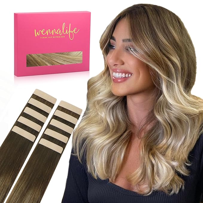 WENNALIFE Tape in Hair Extensions Human Hair Ombre Walnut Brown to Ash Brown and Bleach Blonde Tape in Extensions, 10pcs 30g 24 inch Remy Hair Invisible