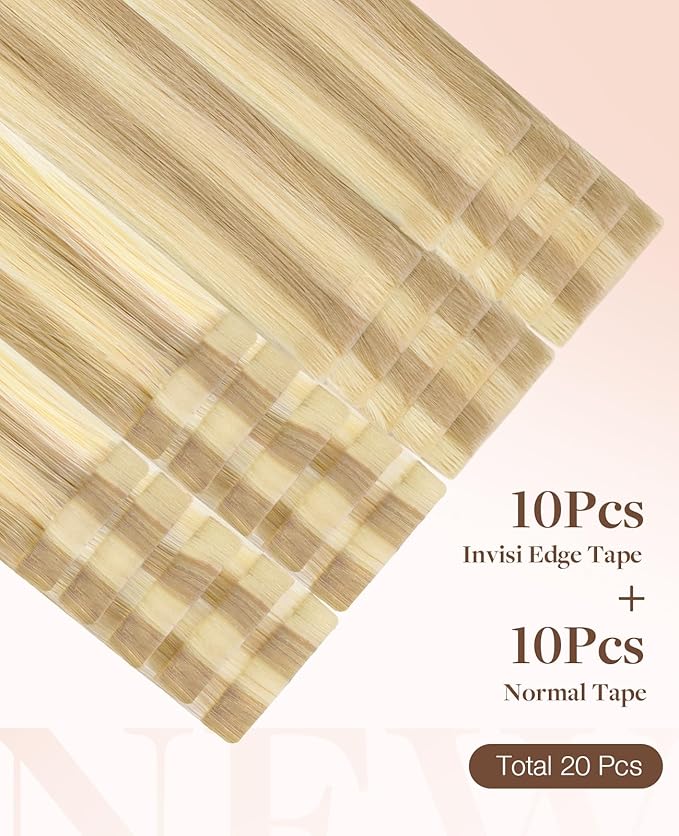 GOO GOO Invisi Edge Tape in Hair Extensions Human Hair, 18D/22F Dirty Blonde Highlights10pcs injected with 10pcs classical tape ins, 14inch 50g, Virgin Remy Hair, Natural Look