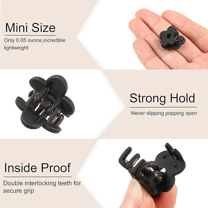 Mini Black Flower Hair Clips - Tiny Claw Clips with Strong Hold for Thin Hair, Cute Nonslip Jaw Clips for Hair Styling Accessories with Box