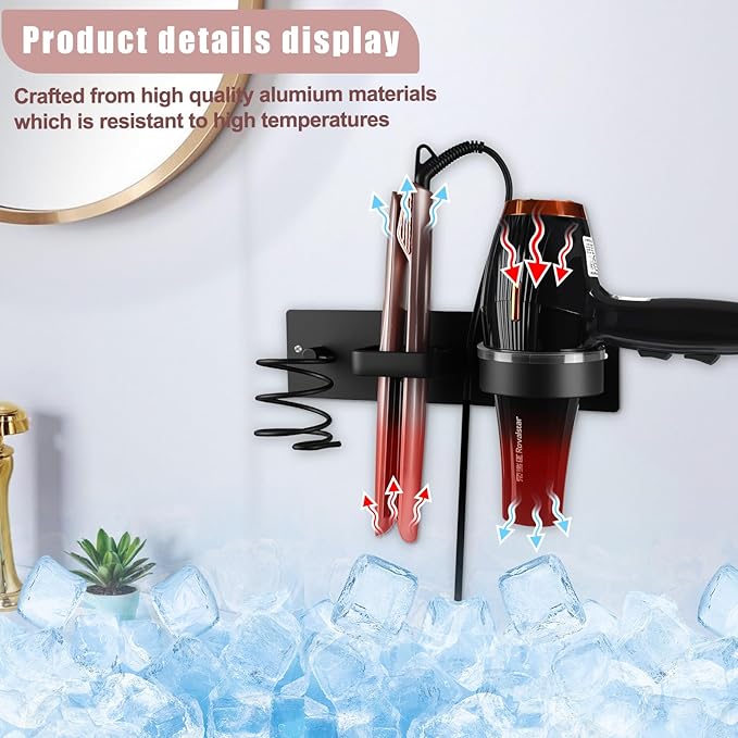 Hair Dryer Holder Wall Mounted 3in1 Hair Tool Organizer Blow Dryer Holder Bathroom Care Styling For Flat Iron,Curling Iron Matte Black