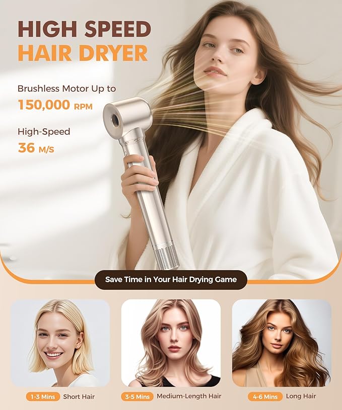 Cosy Companions 6 in-1 Hair Dryer Brush, 150,000 RPM High-Speed Negative Ionic, Blow Dryer Brush for Fast Drying, Hot Air Brush for Curling/Volumizing/Straightening with Travel Bag, Gold
