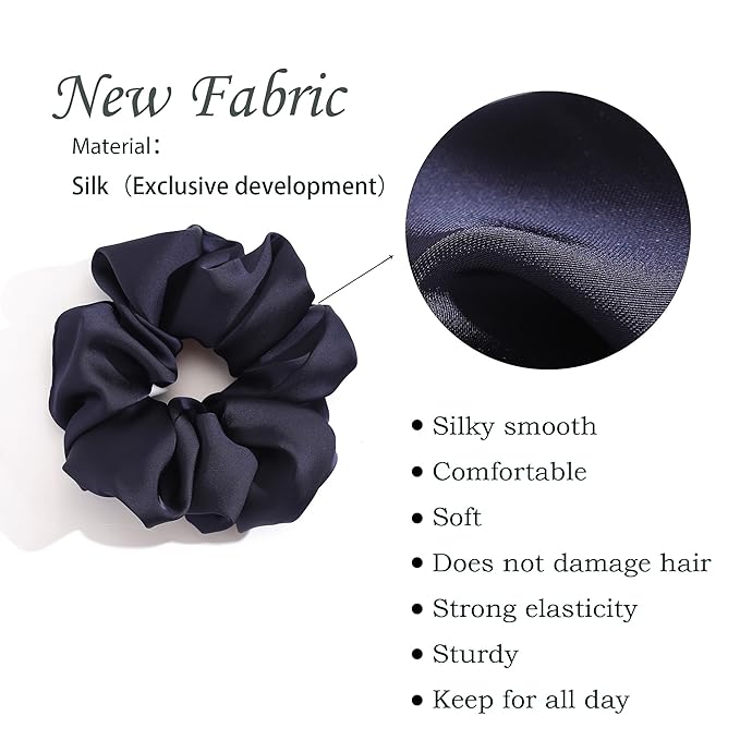 4PCS Large Satin Silk Scrunchies for Women - Big Glossy Scrunchie for Thick Hair Girl Hair Ties Ponytail Holders Jumbo Scrunchies (Black Navy-Blue Brown Champagne)
