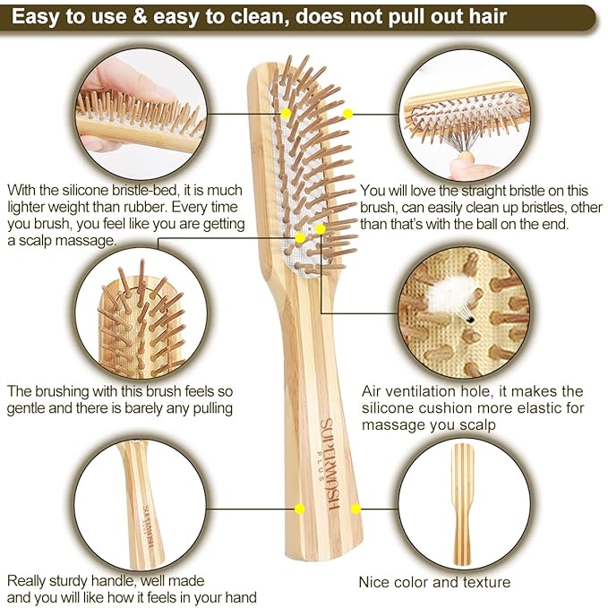 Bamboo Wood Hair Brush with Cleaning Rake for Women Men and Kids, Natural Bamboo Bristles Small Paddle Flat Hairbrush Fit All Types Hair