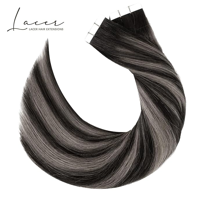Lacer Grey Tape in Hair Extensions 18 Inch Natural Black to Silver Highlights Tape in Extensions with Natural Black Roots Color 20pcs/50g