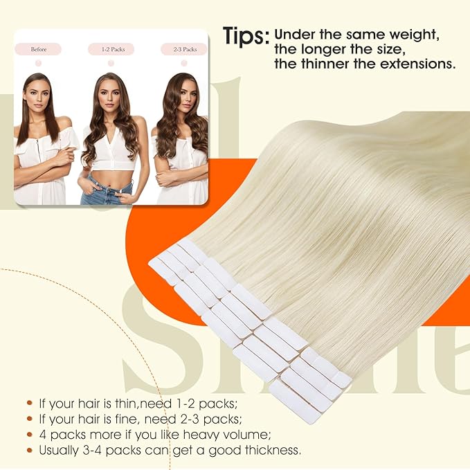 Full Shine Insert Human Hair Tape in Extensions Color 60 Blonde Injection Tape in Hair Extensions 20Pcs Machine Remy Seamless Invisible Skin Weft 24Inch 50Gram for Women