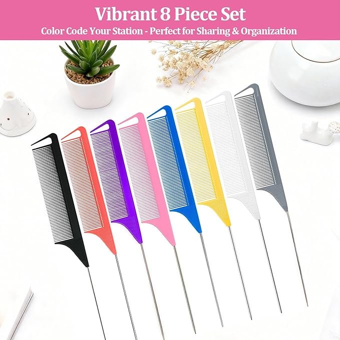 8 Pack Rat Tail Combs Set Stainless Steel Pintail Comb, Professional Rat Tail Combs for Styling, Sectioning & Hair Coloring for Salon & Home Use