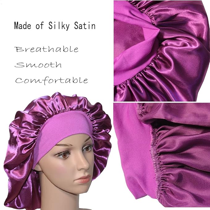 VEYRNEIC Hair Satin Bonnet for Sleeping Shower Caps Silk Chemo Caps with Wide Elastic Band Night Sleep Cap Bonnets for Black Women Braids (Dark Purple)
