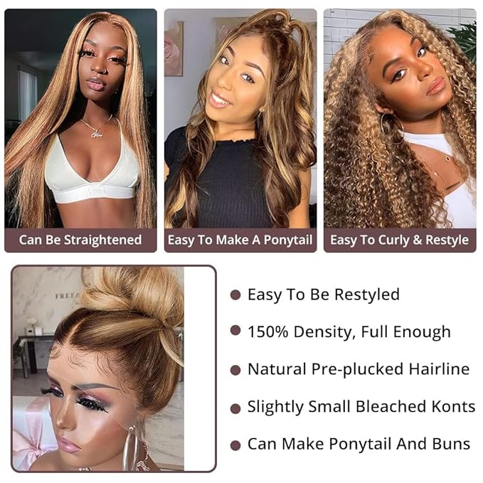 AMIRTY 250 Density 360 Lace Front Wigs Human Hair Pre Plucked Honey Blonde Body Wave Lace Front Wig with BabyHair Full 360 Glueless HD Transparent Lace Front Human Hair Wigs for women 28 Inch