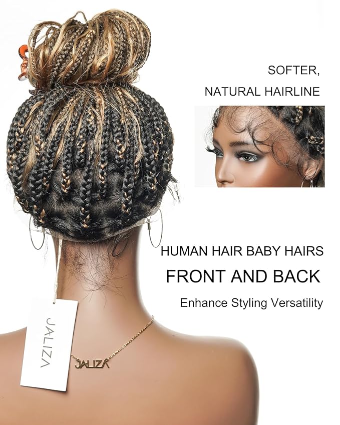 Human Hair Boho Curls Hand-Tied HD Full Lace Wig - 24" Salon-Level Small Box Synthetic Braids (100 Braids, High Density) Pre-Cut Swiss HD Lace, Pre-Plucked, Tangle-Free - 1B/27 Honey Blond