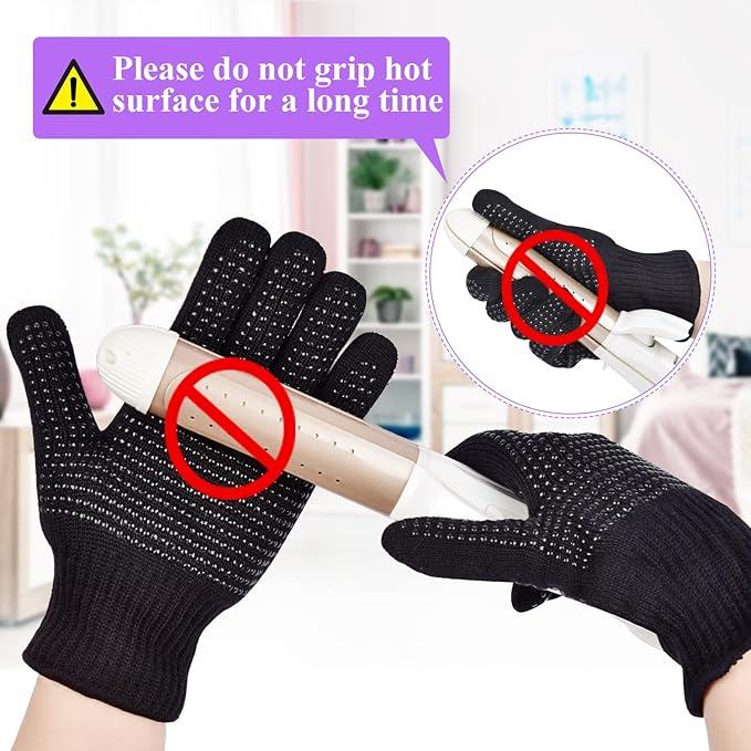 Sopito Heat Resistant Gloves with Silicone Bumps, Professional Heat Gloves for Hair Styling Curling Iron Wand Flat Iron, Black
