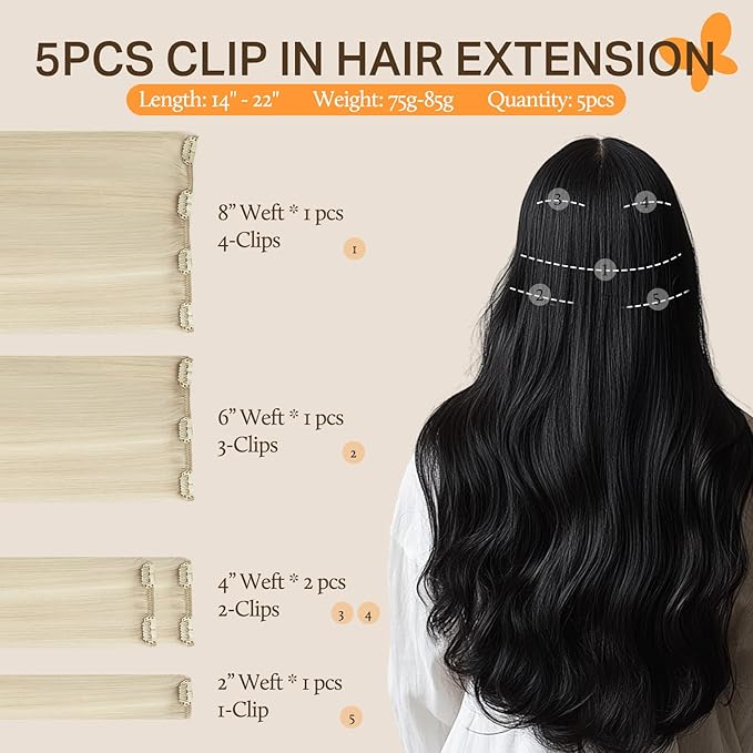 DOORES Hair Extensions Clip in Human Hair, 5pcs 75g 14 Inch Platinum Blonde Clip in Human Hair Extensions Remy Straight Natural Hair Extensions