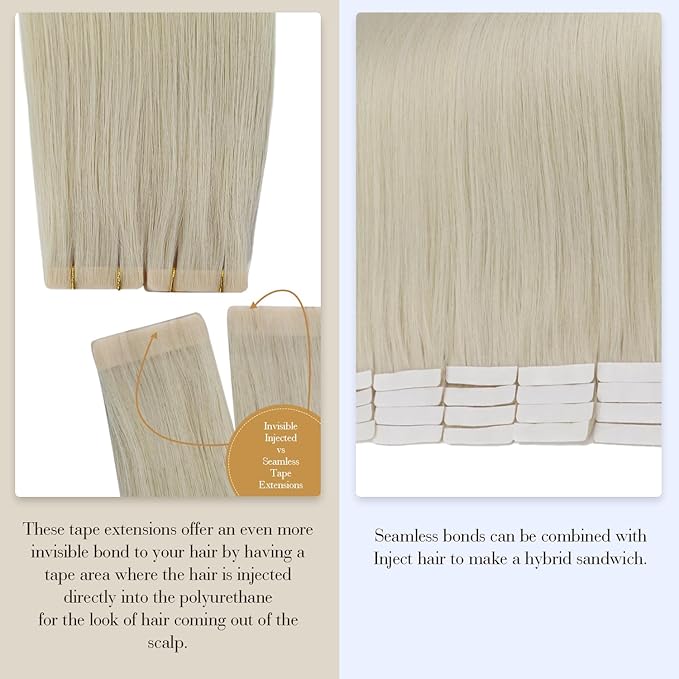 Full Shine Injected Tape in Hair Extensions Human Hair 5Pcs Color 1000 Blonde Intact Hair Extensions Tape in 20Inch Virgin Tapes in Extensions 12.5Gram Seamless Skin Weft Human Hair Straight