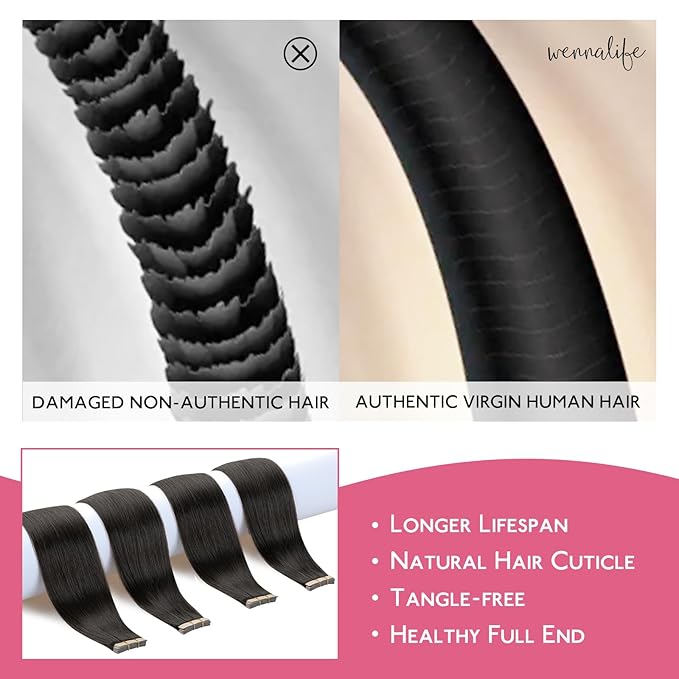 Wennalife Tape in Hair Extensions Human Hair Natural Black Tape in Extensions, 10pcs 30g 26 inch Remy Invisible Tape Ins Straight Colored Soft Real Human Hair Tape in Extensions Refill Set Extensions