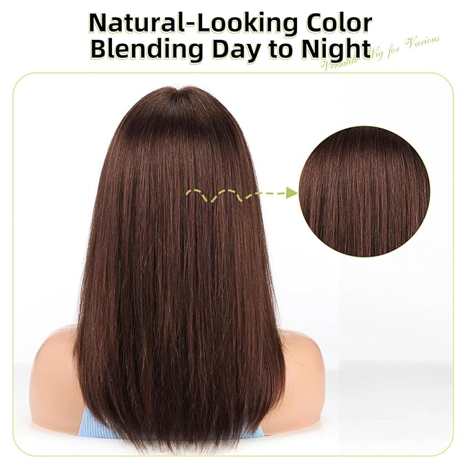 RSY Straight Human Hair Wigs for Women, Shoulder Length and Layered Real Hair Auburn Wig with Bangs for Daily Party Use
