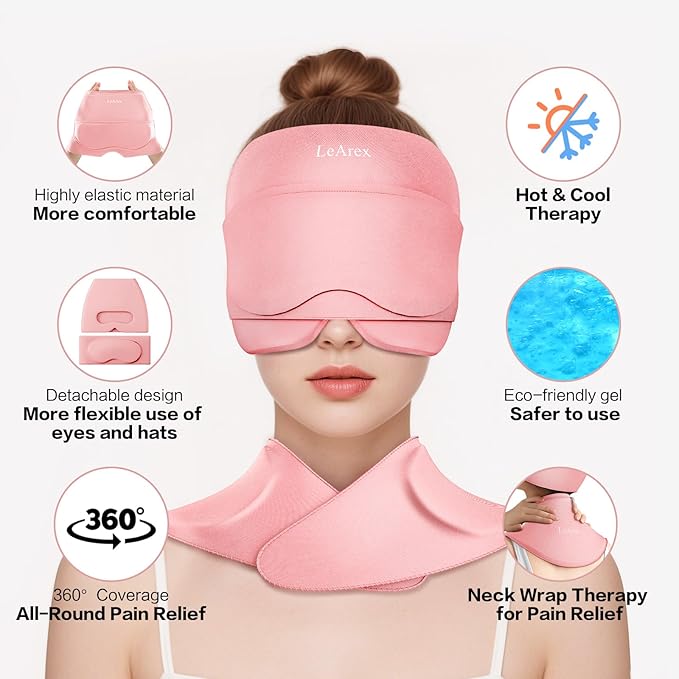 Migraine Relief Cap and Neck Ice Pack Wrap with Ice Eye Masks,3 in 1 Detachable Hot and Cold Therapy Headache Relief Cap for Headaches, Stiff Neck,Eye Fatigue, Tension and Pain Pink